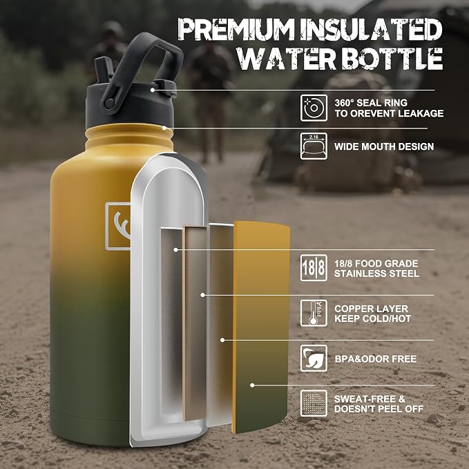 NATURE PIONEOR 64 oz Tactical Water Bottle with MOLLE Bottle Pouch & 3 Lids | 18/8 Food-grade Stainless Steel, Double Vacuum Insulation, 3 Leak-proof Lids, Handle, Strap, Camping, Hiking, Gym, Work