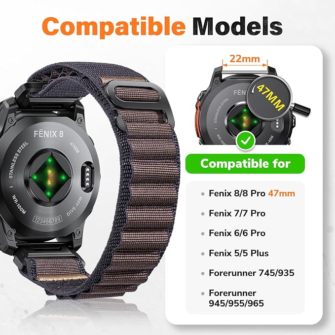 Alpine Loop Nylon Watch Band Compatible with Garmin Fenix 5/6/7/8 47mm, Quickfit 22mm Rugged Watch Bands for Garmin Epix Gen 2/Fenix 8 Pro 47mm/7 Pro/6 Pro/5 Plus/Forerunner 935/S62