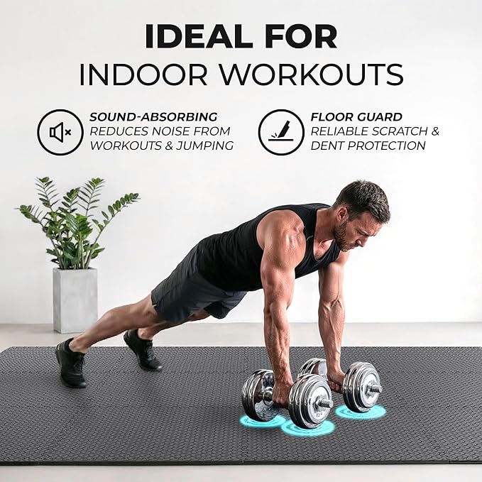 bemaxx Gym Mats Set - 48 pcs EVA Interlocking Foam Floor Tiles (24.4"x24.4"x0.4") 192 sqft Protective Gym Flooring Sports Home Workout Exercise Mats Puzzle Garage Fitness Play-Room Pool Treadmill Bike