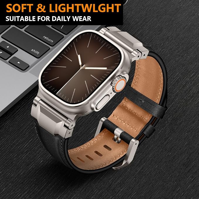 Bands Compatible with Apple Watch Ultra 3/2/1 Band 49/46/45/44mm | Genuine Leather Metal Connector Strap for iWatch Ultra Series 11/10/9/8/7/SE/6/5/4/3/2/1, Black/Titanium
