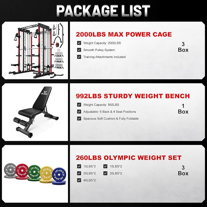 JELENS Smith Machine for Home Gym, Multi-Function M12 Power Cage with Cable Crossover System, Squat Rack with Smith Bar and More Attachment