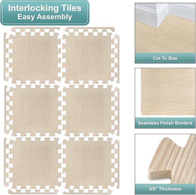 Sorbus Wood Grain Floor Mats Foam Interlocking Mats Each Tile 1 Square Foot 3/8-Inch Thick Flooring Wood Mat Tiles - Home Office Playroom Basement Trade Show (16 Tiles,16 Sq ft - Light Pine)
