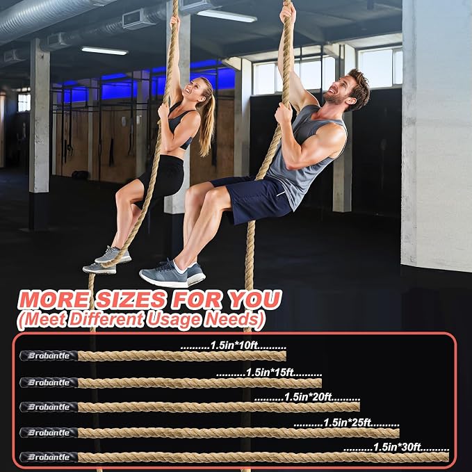 Climbing Rope Gym Workout - 1.5inch Diameter with 10FT 15FT 20FT 30FT 40FT Gym Climb Rope Heavy Duty Workout Exercise Ropes for Adults Indoor Outdoor Strength Training