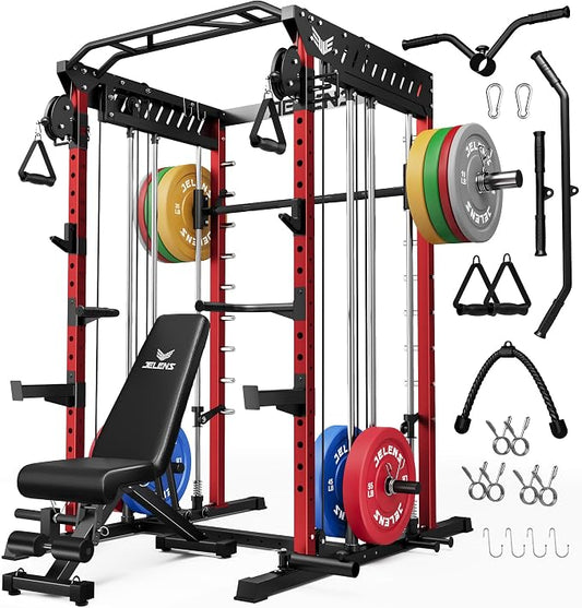 JELENS M21 Smith Machine, Multi-Function Power Cage with Dual Pulley Cable Crossover System, 2000LBS All-in-One Squat Rack with Smith Bar and Attachments for Home Gym