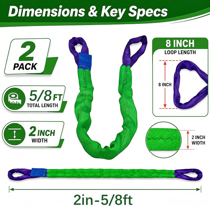 2" x 8' Lifting Sling Straps Polyester Web Slings 4400 Lbs Vertical, 3520 Lbs Choker, 8800 Lbs Basket 2-Pack (Green/Purple)
