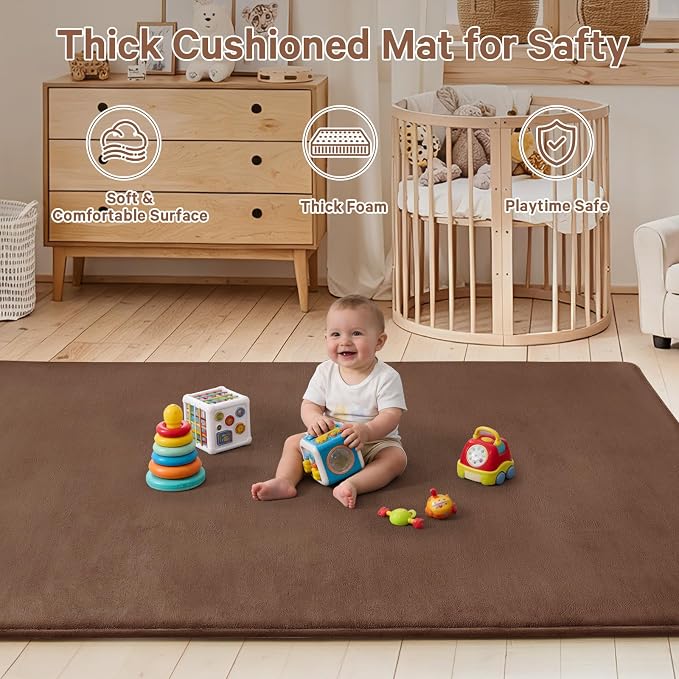 Baby Play Mat for Floor,Ultra Thick Elastic Foam 50"x50" Playmat Tummy Time Muscle Crawling Exercise Activity Cushion Gym Mat Nursery Playroom Area Kids Rug for Babies, Toddlers,Infants,Reddish Brown
