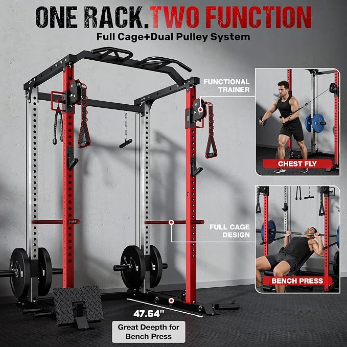 DP01 Power Cage, 2000LBS Squat Rack with Cable Crossover and Dual Independent Pulley System, Full Cage for Full Body Training, Power Rack with More Training Attachments for Home Gym
