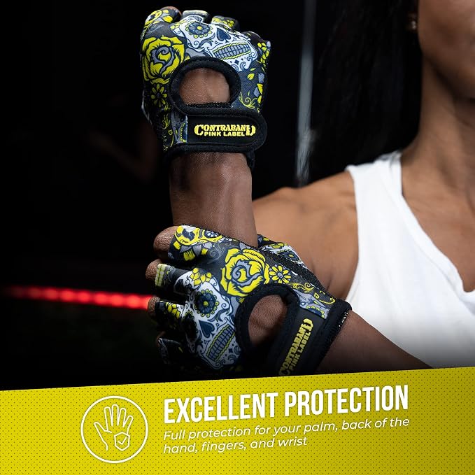 Contraband Pink Label 5237 Womens Designer Workout Gloves | Sugar Skull Print w/Grip-Lock™ Padding (Yellow, Medium)