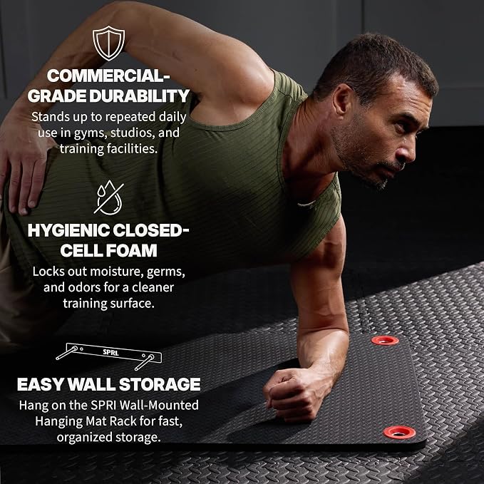 SPRI Hanging Exercise Mats for Gyms, Closed-Cell Foam Yoga & Fitness Mats with Grommets, Thick Workout Mats for Studios & Group Fitness Classes