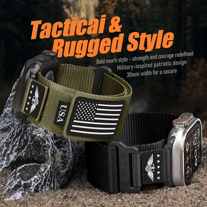 Rugged Nylon for Apple Watch Ultra 2/ Ultra 3 Band Series 11/10/9/8/7/6/5/4/3/SE iWatch Bands Men,Soft Woven Stars-Stripes Flag Wristbands Strap for Apple Watch Ultra 3/2/1 49mm 46mm 45mm 44mm 42mm