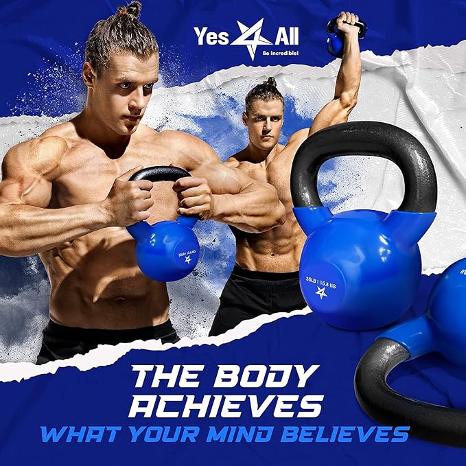 Yes4All Kettlebell, 5-100 LB Vinyl Coated Cast Iron Strength Training Kettlebells for Home Gym Exercises, Fitness, Full Body Workout Equipment, Push Ups, and Grip Strength