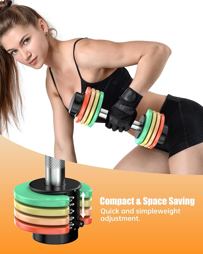 5-IN-1 Adjustable Dumbbell Set, Pair 12.5LB/22.5LB Weight Set for Home Gym | rainbow-colored weight plates, anti-slip handle, suit both men and women, full body home workout