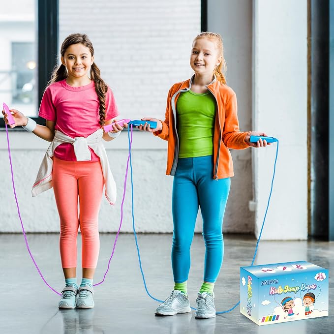 24 Pack PVC Kids Jump Rope, Adjustable Skipping Rope for Fitness Activity | 6.56 Ft, Tangle-Free Jump Rope, Soft Plastic Rope, Bright Color Jump Rope for PE Class, Playground Games, Classroom Rewards