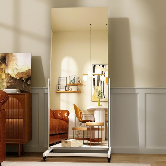 65" x 18" Full Length Rolling Mirror on Wheels for Home Gym, 360° Rotate | Tempered glass & metal frame, 360° rotation, standing holder included, ideal for bedroom, dance studio, fitness training