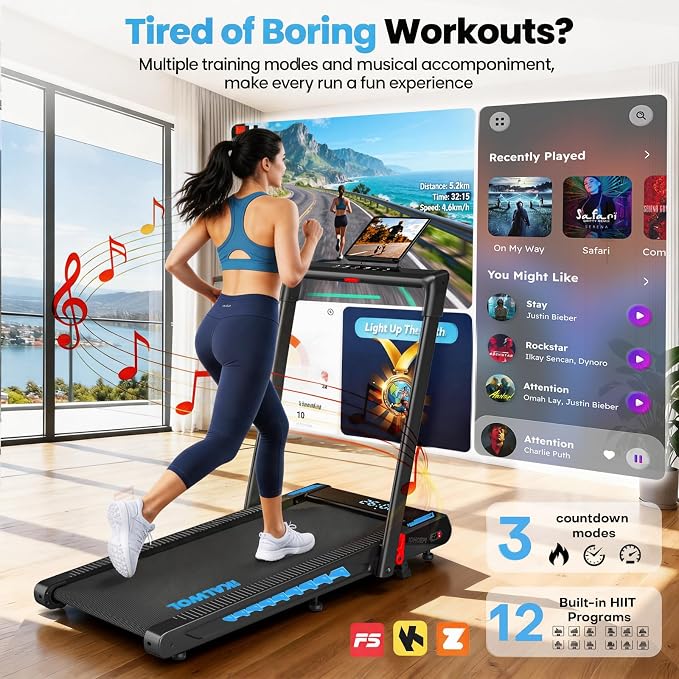 Treadmill with Speaker, 6-in-1 7.5MPH Foldable Treadmill for Home with App Compatible, Walking Pad with 10% Incline, LED Display, 3.0HP Brushless Drive, 350 LB Weight Capacity, 12 HIIT Programs