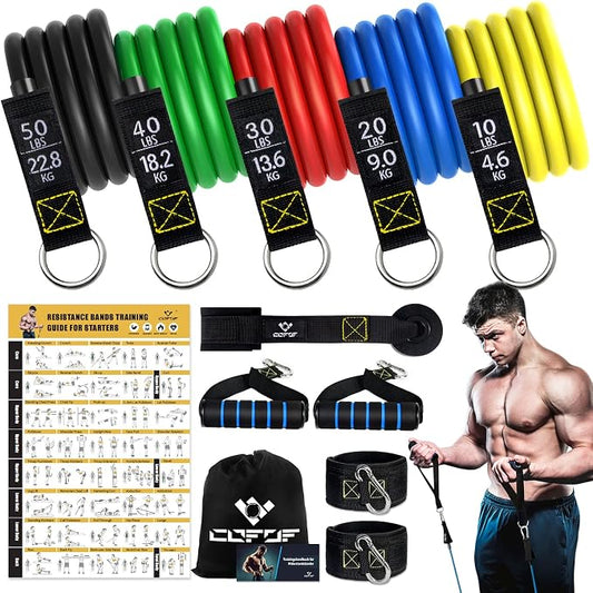 Resistance Bands with Handles for Women, 5 Level Exercise Bands | Workout Bands for Physical Therapy, Yoga, Pilates, Door Anchor, Storage Pouch, Training Poster