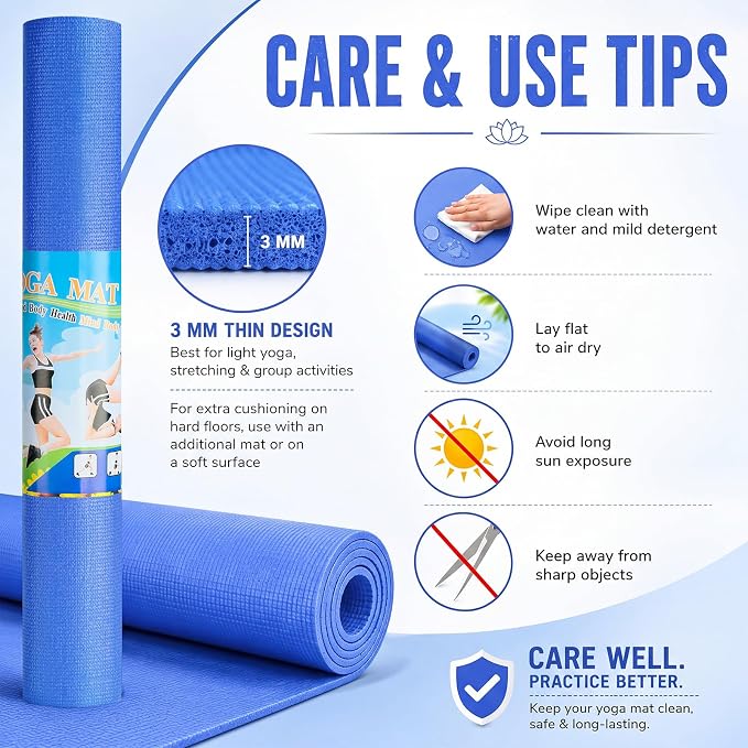 Funtery 3 mm Thin Yoga Mats Bulk, 68 x 24 Inches Lightweight PVC Exercise Mats Non Slip Workout Fitness Pads for Yoga Pilates Stretching Classes Gym Home Studio