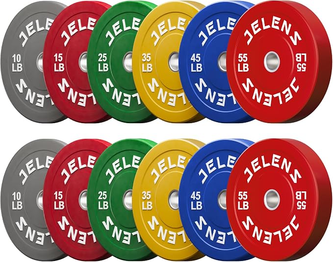 JELENS Olympic Barbell Weight Plates Set, 2-Inch Black/Colored Rubber Bumper Plate Weight Set for Strength Training and Weightlifting, Multiple Options