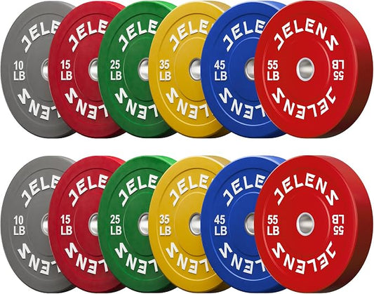 JELENS Olympic Barbell Weight Plates Set, 2-Inch Black/Colored Rubber Bumper Plate Weight Set for Strength Training and Weightlifting, Multiple Options
