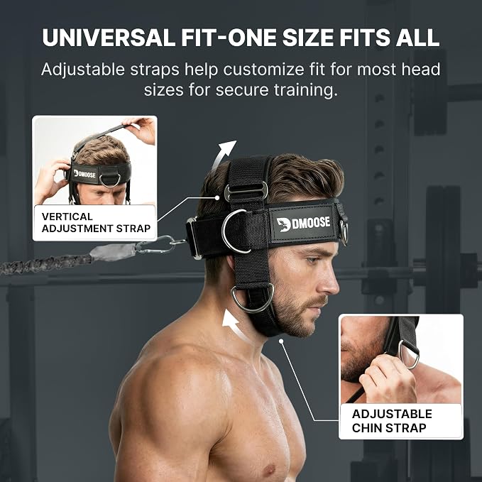 DMoose Fitness Neck Harness for Weight Lifting - Soft Padded Head & Chin Strap with 30" Heavy Duty Steel Chain - Neck Exerciser, Trainer & Strengthener to Support Injury Recovery and Intense Workouts