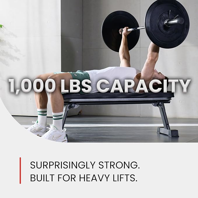 Finer Form Gym Quality Foldable Flat Bench for Multi-Purpose Weight Training and Ab Exercises - Free PDF Workout Chart Included