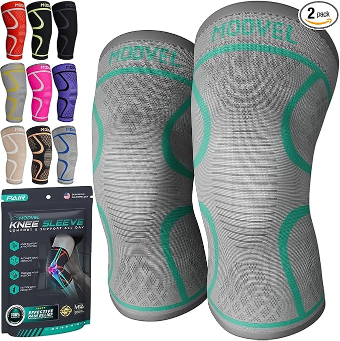 Modvel Compression Knee Brace for Women & Men - 2 Pack Knee Brace for Women Running Knee Pain, Knee Support Sleeve, Workout Sports Braces for Meniscus Tear ACL & Arthritis Pain Relief Grey/Turquoise X-Small