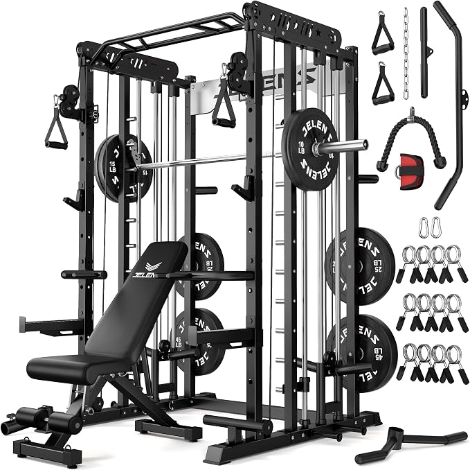 JELENS Smith Machine for Home Gym, Multi-Function M12 Power Cage with Cable Crossover System, Squat Rack with Smith Bar and More Attachment