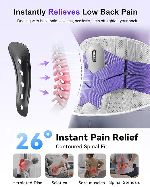 Dual X-Back Brace for Lower Back Pain Relief with Bionic Support System, 8X Powerful Lumbar Support Belt for Men Women, Back Support Belt with 3D Pad, Breathable Back Support Brace with Adjustable Strap for Sciatica,Gray Purple,Large(Waist:37-42.9 Inch)