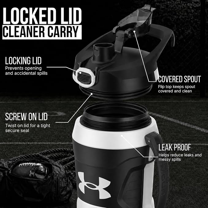 Under Armour Insulated Water Bottle with Handle & Fence Hook, Half Gallon Sports Water Jug, Leak-Resistant & BPA-Free for Baseball, Football & Gym - White/Black, 64oz