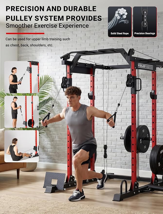 YOLEO Smooth Pulley System Power Cage, Adjustable Cable Crossover Power Rack, Multi-Functional Cable Machine for Home Gym