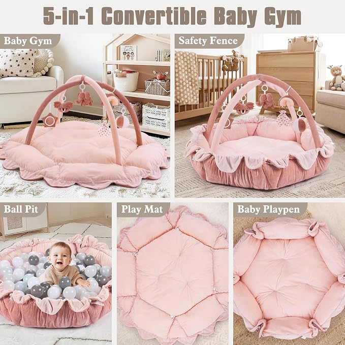 5-in-1 Plush Baby Play Gym, Activity Mat with Convertible Gym, Baby Gym 6 Sensory Toys, Play Center for Newborn to Toddler, Pink