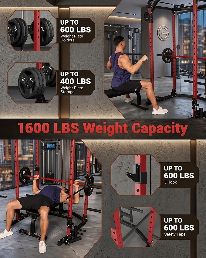 GarveeLife Power Cage, Multi-Functional Power Racks for Home Gym | With Cable Crossover System, 1600 LBS Weight Capacity Fitness Squat Rack for Strength Workout with Training Attachment, Blac