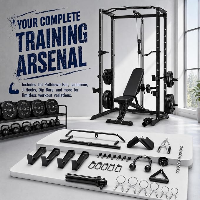 5-in-1 Power Rack Heavy Duty Home Gym | 5 Configs: Only, +Pulley, +Bench, +150LB, +240LB. 1200LB, 50x50mm, 83"H. J-Hooks, Safety Bars, Landmine. Olympic 2" Plates.