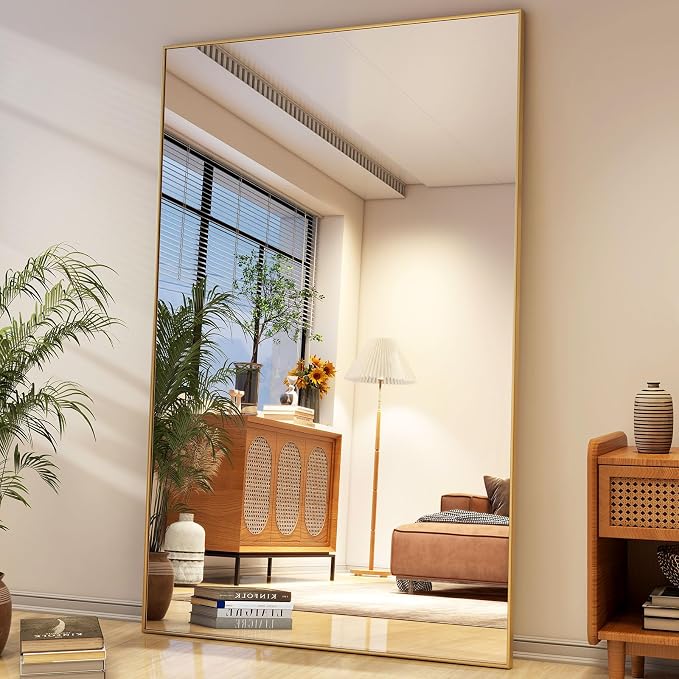 Easly 40"X86" Full Length Mirror with Stand, Gold Large Floor Mirror | Rectangular Full Body Mirror for Bedroom, Living Room or Closet, Wall-Mounted or Freestanding, Aluminum Alloy Frame