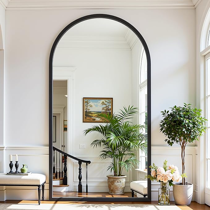 Full Length Mirror 76"×41" Floor Mirror Standing Tall Mirror, Arched Stand up Large Wall Mirrors, Freestanding Full Body Mirrors for Bedroom Living Room Wood Antique Style Black