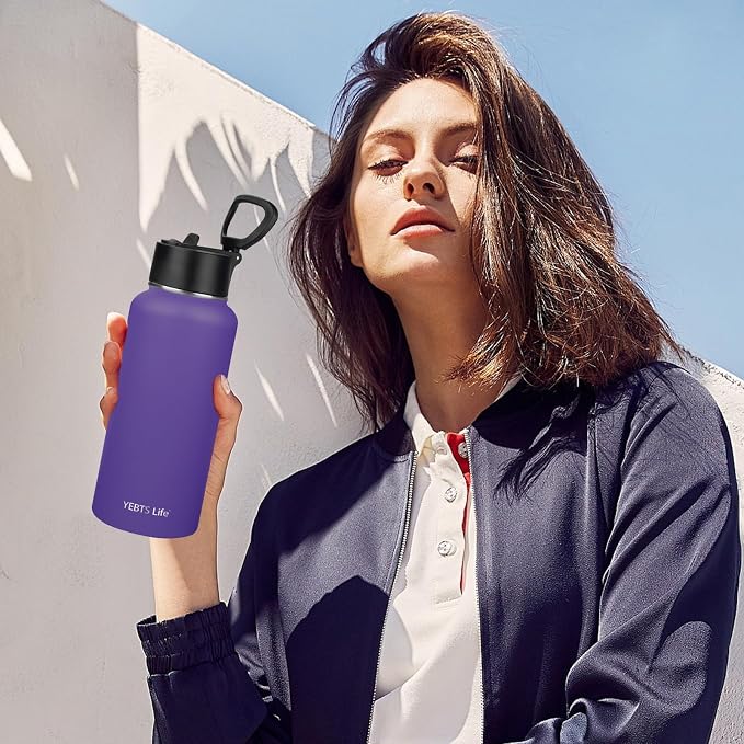 Insulated Water Bottle With Straw,32 oz Vacuum Insulated Stainless Steel Sports Water Flask,Keeps Cold and Hot,Metal Water Bottle Wide Mouth for Gym Travel Camping (Purple)