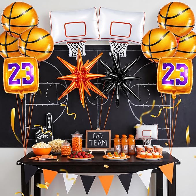 Soulchen 12 Pcs Basketball Birthday Party Balloons Decorations 6 Pcs Basketball Aluminum Foil Balloon 2 Hoop Foil 2#23 Jersey 2 Exploding Star for Birthday Party Sports Themed Decorations