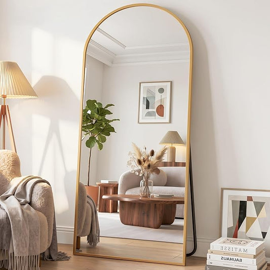 71"x28" Arched Full Length Mirror with Stand, Free Standing Leaning Wall Mounted Aluminum Alloy Frame Mirror for Bedroom Living Room Cloakroom, Gold