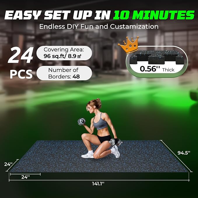 PRAISUN 0.56" Rubber Top Gym Flooring, Heavy Duty Interlocking Gym Mats for Home Gym, Non-Slip Workout Mat, 24 x 24in Large Gym Floor Mat, Protect Floors from Weights & Equipment, 96 Sq Ft, Black/Blue