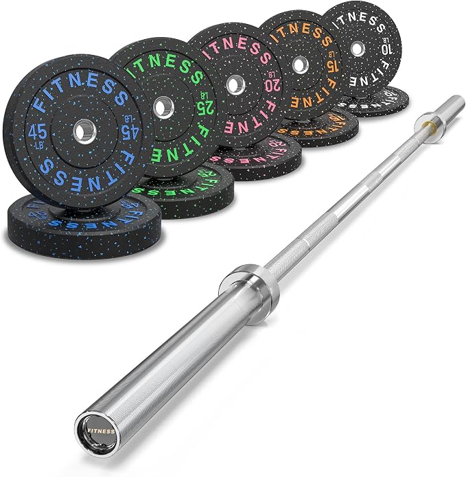 HANDBODE Olympic Barbell Set, 2-Inch Bumper Plates with Weight Plate Rack | Colored Crumb Rubber Weight Plates for Weight Lifting & Strength Training, 90–530 lb Set with 45 LB (20 kg) Olympic Barbell