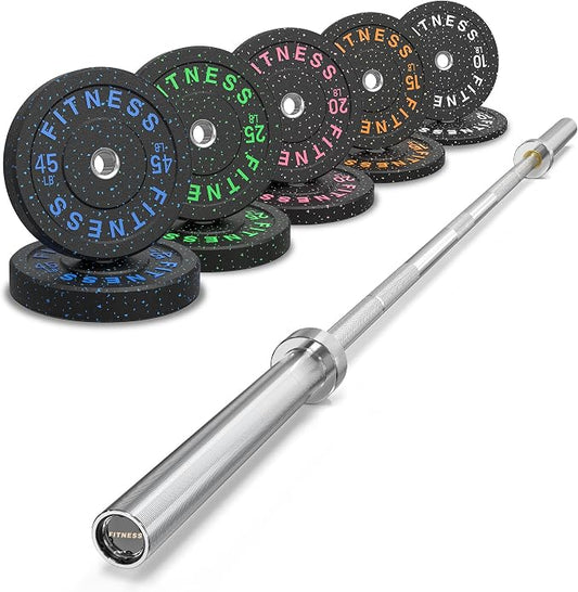 HANDBODE Olympic Barbell Set, 2-Inch Bumper Plates with Weight Plate Rack | Colored Crumb Rubber Weight Plates for Weight Lifting & Strength Training, 90–530 lb Set with 45 LB (20 kg) Olympic Barbell