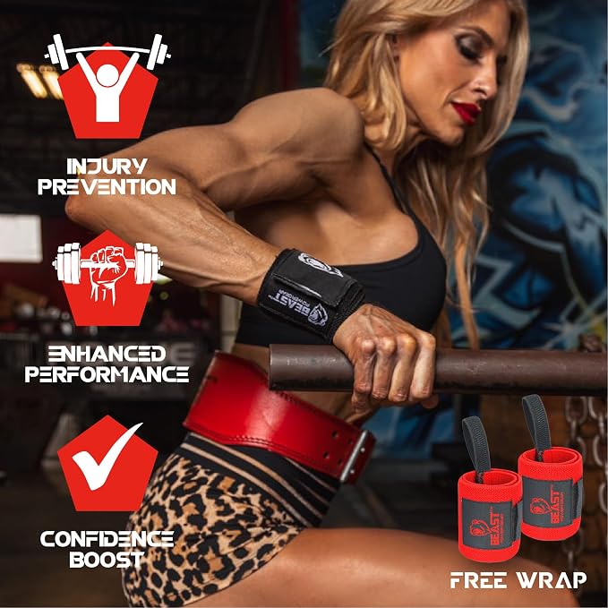Weight Lifting Belt - 4” Genuine Leather Belts Padded Lower Back Support for Gym Bodybuilding Squat Deadlift Weightlifting Cross Strength Training Men Women Free Wrist Wrap