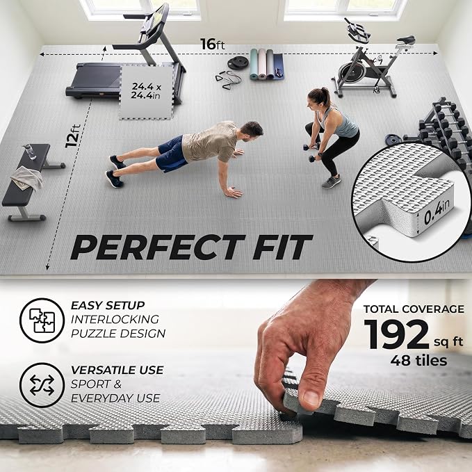 bemaxx Gym Mats Set - 48 pcs EVA Interlocking Foam Floor Tiles (24.4"x24.4"x0.4") 192 sqft Protective Gym Flooring Sports Home Workout Exercise Mats Puzzle Garage Fitness Play-Room Pool Treadmill Bike