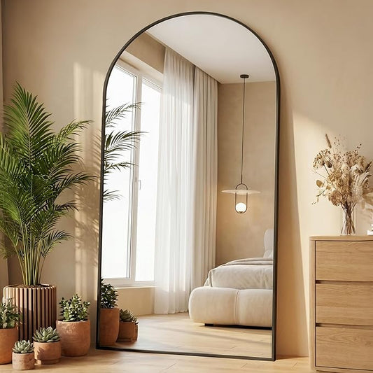 77"x38" Arched Full Length Mirror with Stand, Free Standing Leaning Wall Mounted Aluminum Alloy Frame Mirror for Bedroom Living Room Cloakroom, Black