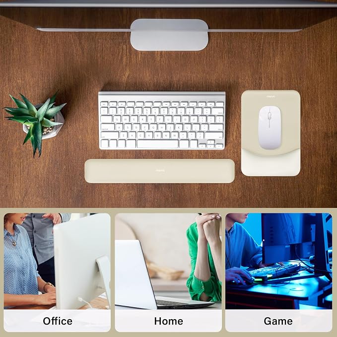 MOSISO Wrist Rest Support Mouse Pad & Keyboard Set, Khaki | Rectangular Ergonomic Mousepad, Non-Slip Base, Home/Office Pain Relief & Easy Typing, Neoprene Cloth & Raised Silicone Lining