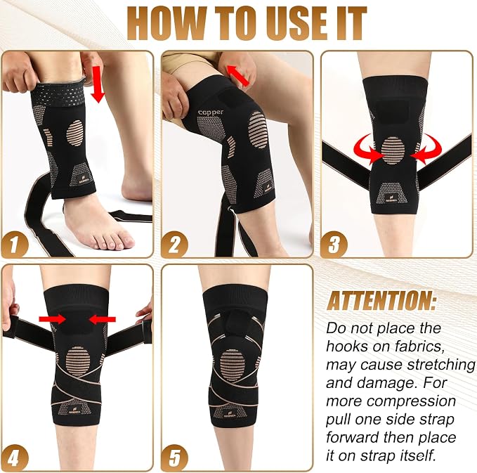NEENCA Copper Knee Brace with Straps for Women/Men, Knee Compression Sleeve for Knee Pain, Arthritis, ACL, PCL, Meniscus Tear, Joint Pain Relief. Knee Support for Running, Workout, Weightlifting- Pair