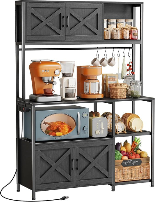 Huuger Large Bakers Rack with Power Outlet, Kitchen Microwave Stand with Cabinets, Coffee Bar Table Station with Storage, 6 S-Shaped Hooks, Mesh Shelves, 45 Inch Wooden Top, Black