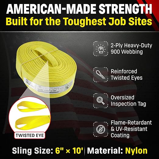DD Sling 6" × 10' Nylon Lifting Sling – USA Made, 16,300 lb Vertical, 13,000 lb Choker, 32,600 lb Basket – 2-Ply Heavy Duty 900 Webbing, Type 4 Twisted Eye & Eye Rigging Sling
