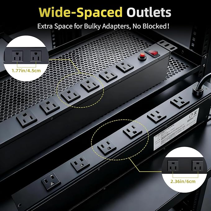 12-Outlet 1U Rack Mount PDU Power Strip – 6 Front/6 Rear Outlets, 15A 125V, 10ft Cord with Right-Angle Plug – for Server, Network & AV Racks