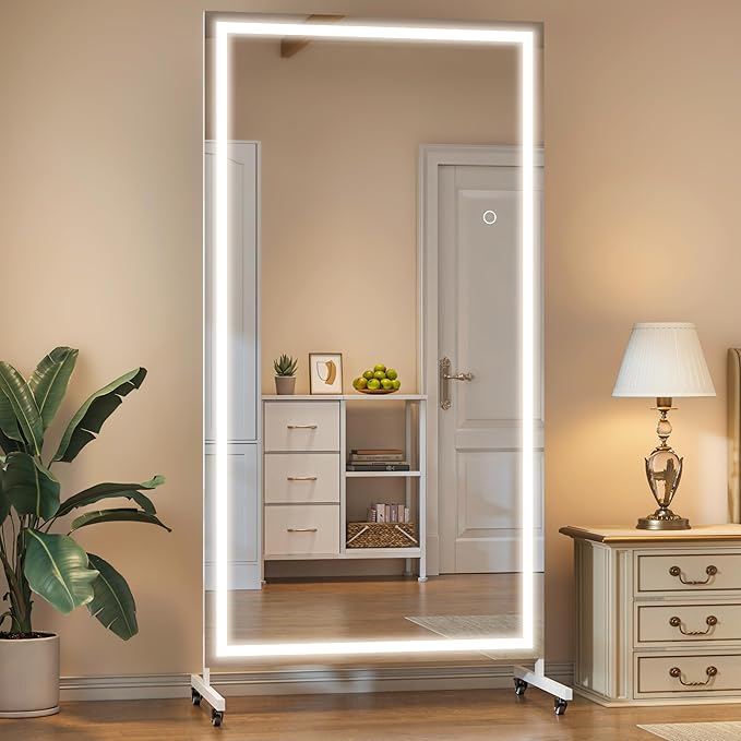 Hasipu 65"x22" LED Full Length Mirror on Wheels, 360° Swivel, White | Tempered glass & metal frame, smooth rolling casters with brakes, ideal for home gym, yoga, dance studio & bedroom.